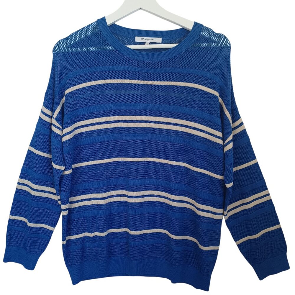 Gerard Darel Paris Blue Striped Silk‎ Blend Mesh Shoulder Knit Sweater Size L